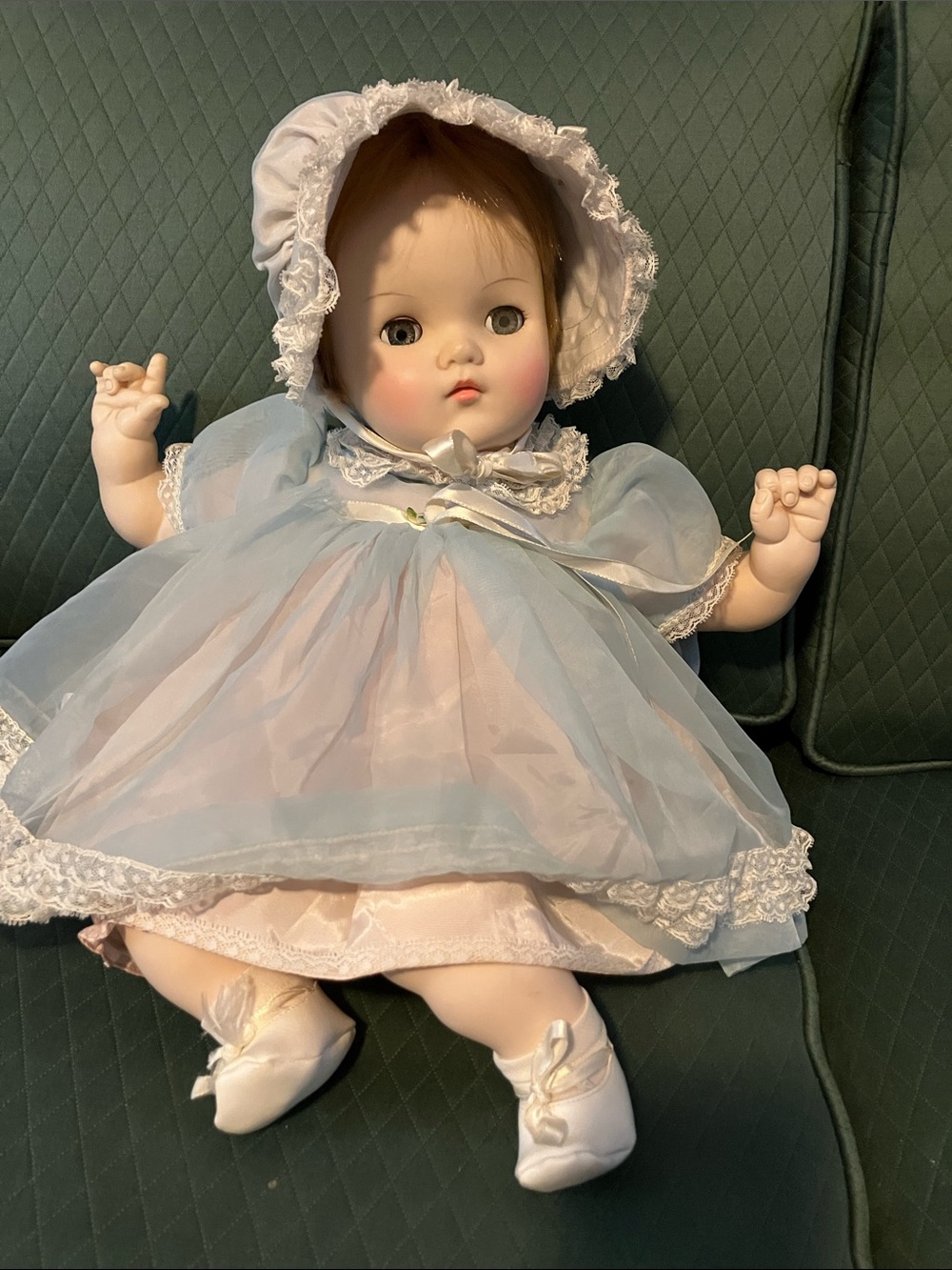 Vintage large Baby Doll in Pale Blue Dress with Bonnet 1973